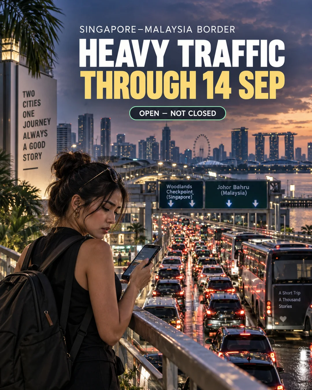 Singapore Malaysia land checkpoint traffic advisory editorial image